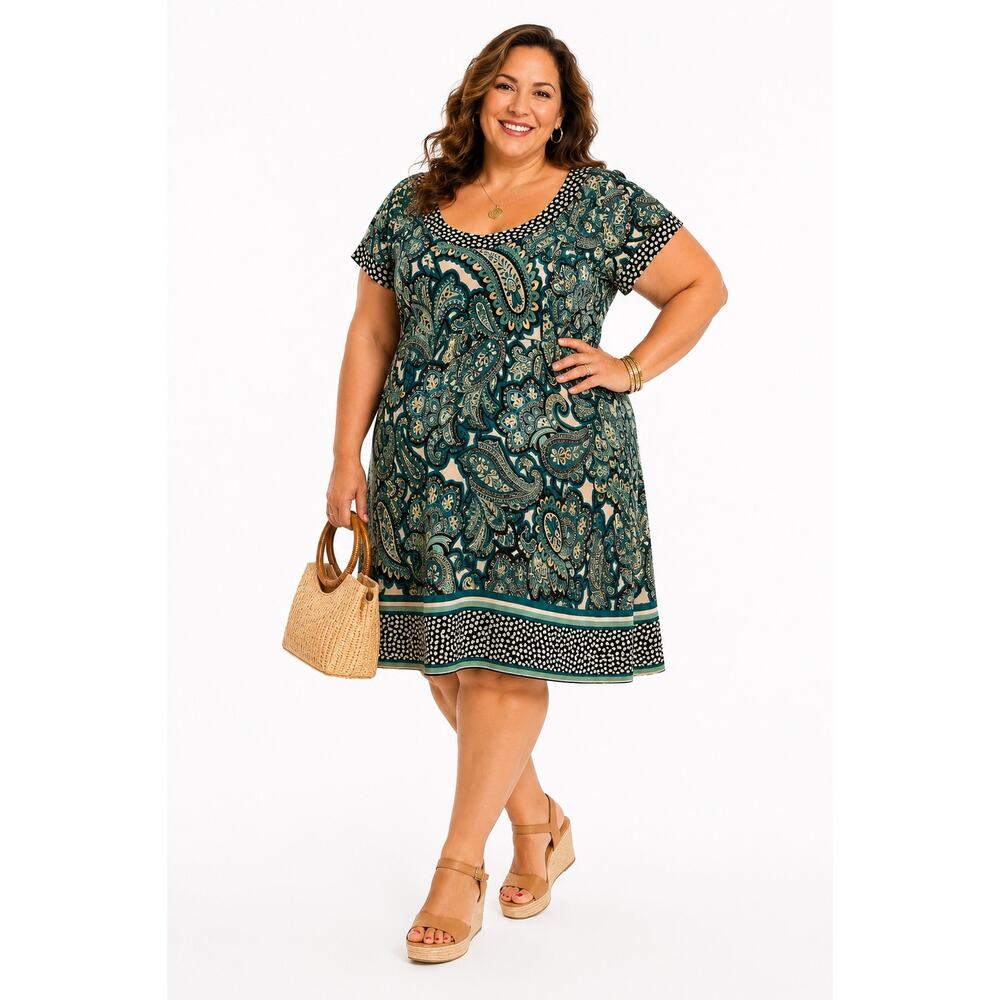 London Style Paisley Shift Dress 24W Boho Teal Black Plus